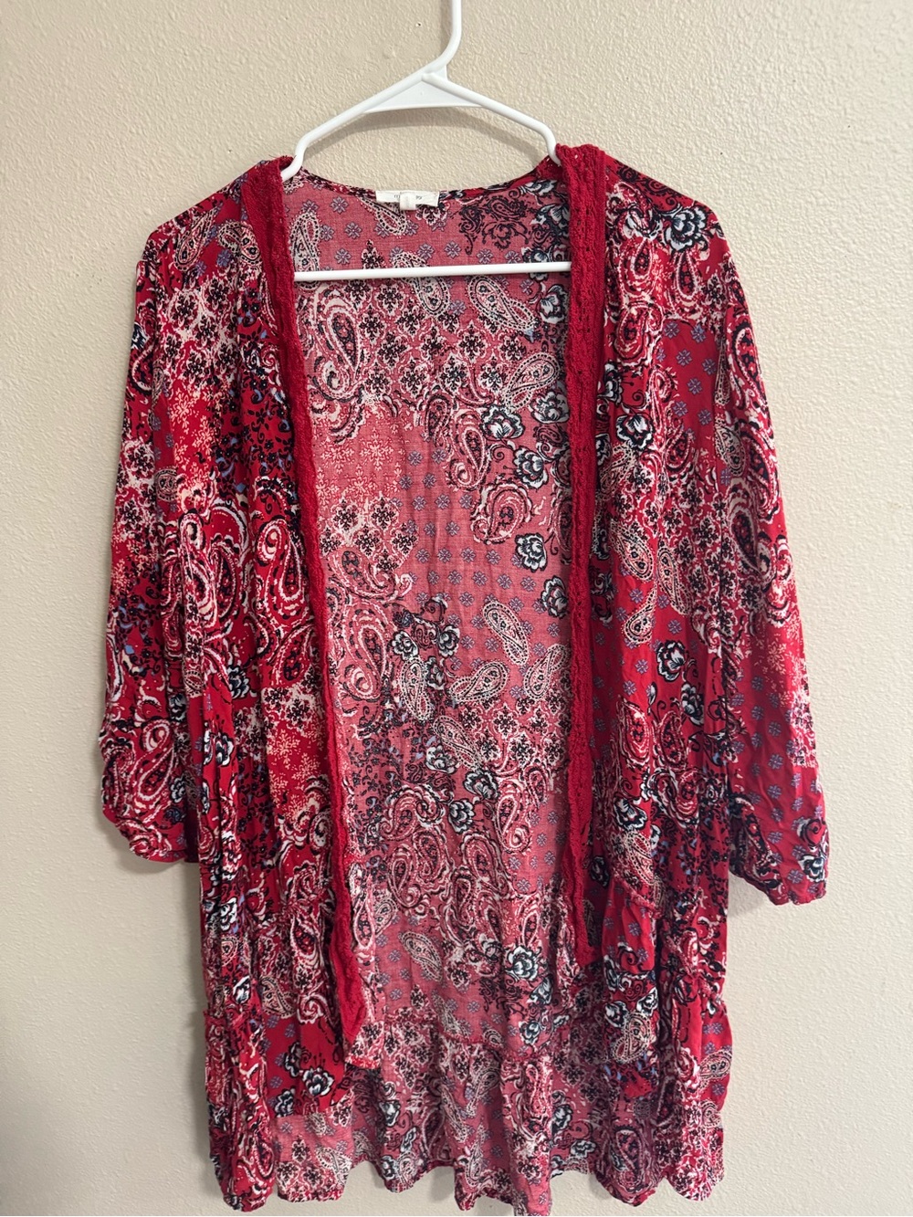 Maurices Red Paisley Open-Front Cardigan